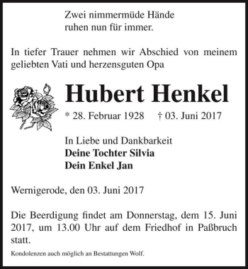 Traueranzeige von Hubert Henkel  von Magdeburger Volksstimme