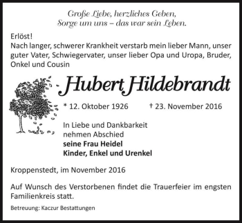 Traueranzeige von Hubert Hildebrandt  von Magdeburger Volksstimme