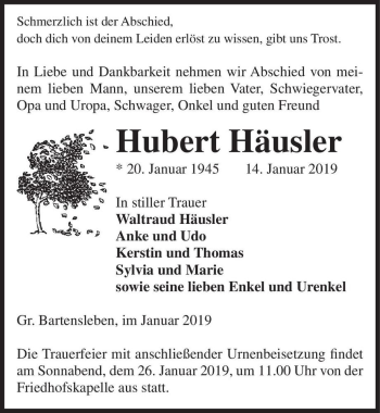 Traueranzeige von Hubert Häusler  von Magdeburger Volksstimme