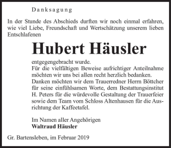 Traueranzeige von Hubert Häusler  von Magdeburger Volksstimme