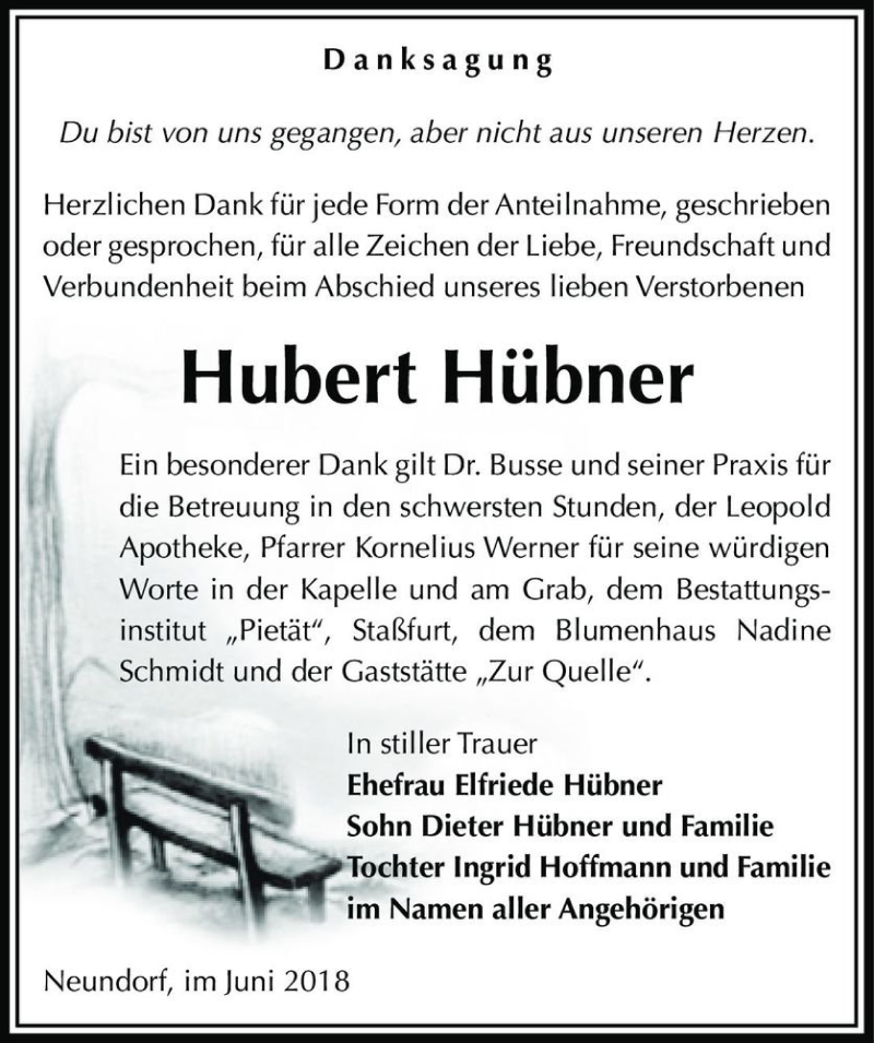  Traueranzeige für Hubert Hübner  vom 09.06.2018 aus Magdeburger Volksstimme