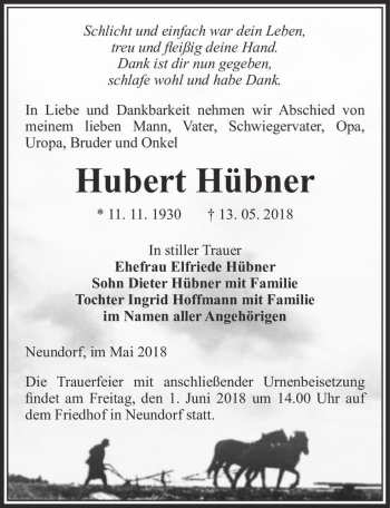 Traueranzeige von Hubert Hübner  von Magdeburger Volksstimme