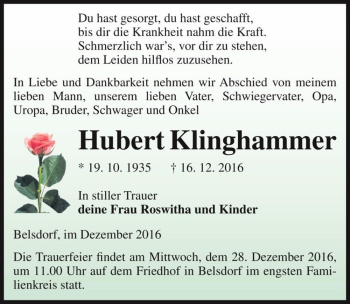 Traueranzeige von Hubert Klinghammer  von Magdeburger Volksstimme