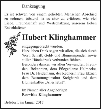 Traueranzeige von Hubert Klinghammer  von Magdeburger Volksstimme