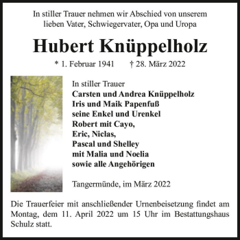 Traueranzeige von Hubert Knüppelholz  von Magdeburger Volksstimme