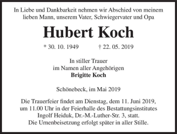 Traueranzeige von Hubert Koch  von Magdeburger Volksstimme