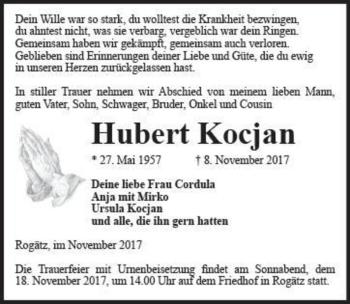 Traueranzeige von Hubert Kocjan  von Magdeburger Volksstimme