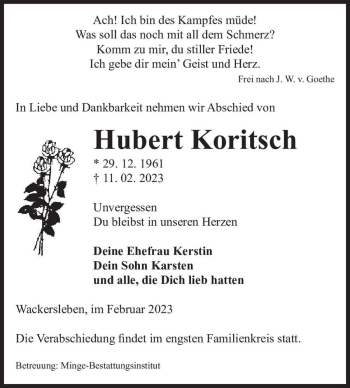 Traueranzeige von Hubert Koritsch  von Magdeburger Volksstimme
