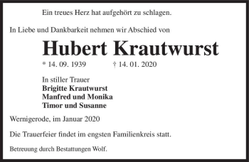 Traueranzeige von Hubert Krautwurst  von Magdeburger Volksstimme