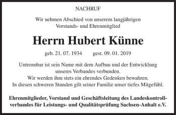 Traueranzeige von Hubert Künne  von Magdeburger Volksstimme