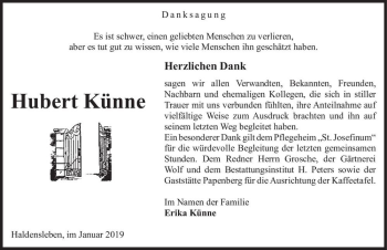Traueranzeige von Hubert Künne  von Magdeburger Volksstimme