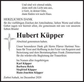Traueranzeige von Hubert Küpper  von Magdeburger Volksstimme