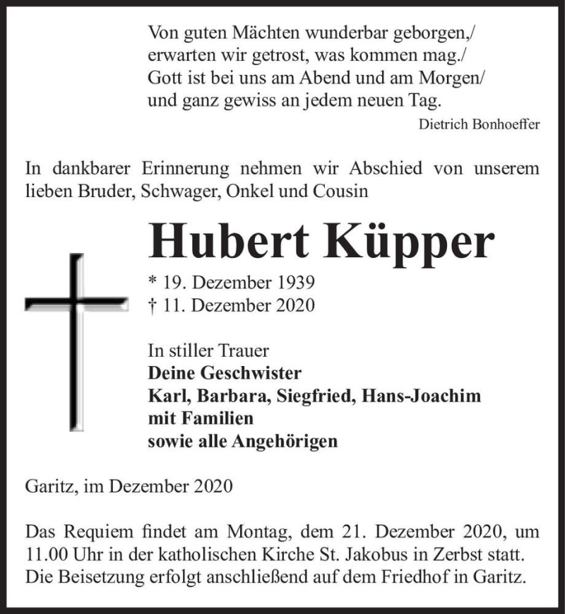  Traueranzeige für Hubert Küpper  vom 17.12.2020 aus Magdeburger Volksstimme