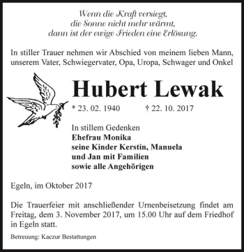 Traueranzeige von Hubert Lewak  von Magdeburger Volksstimme