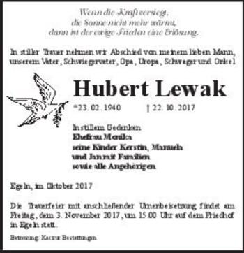 Traueranzeige von Hubert Lewak  von Magdeburger Volksstimme
