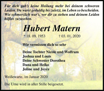 Traueranzeige von Hubert Matern  von Magdeburger Volksstimme