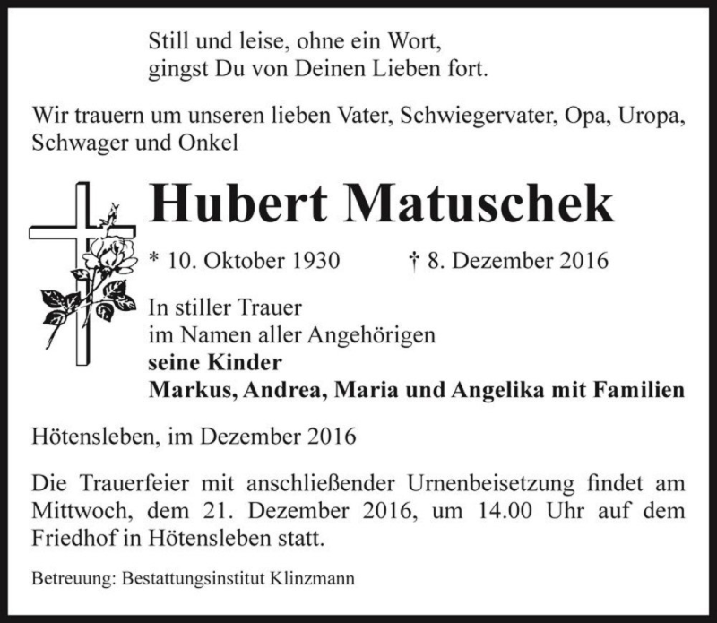 Traueranzeige für Hubert Matuschek  vom 13.12.2016 aus Magdeburger Volksstimme