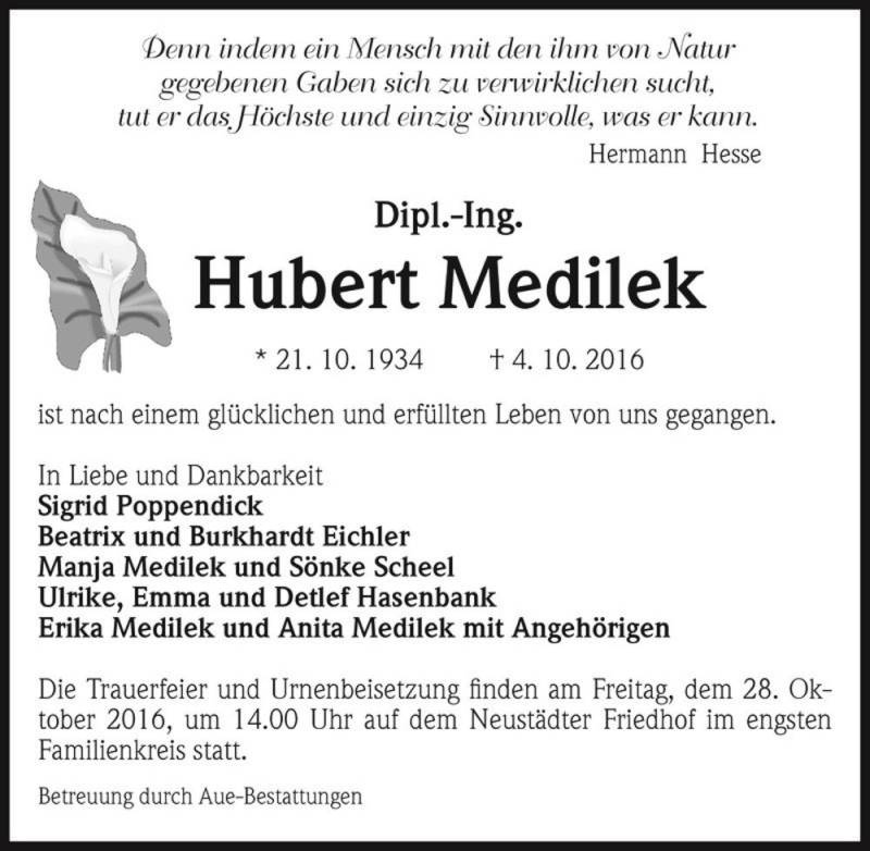  Traueranzeige für Hubert Medilek  vom 08.10.2016 aus Magdeburger Volksstimme