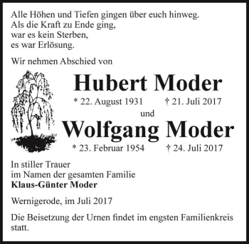 Traueranzeige von Hubert Moder  von Magdeburger Volksstimme