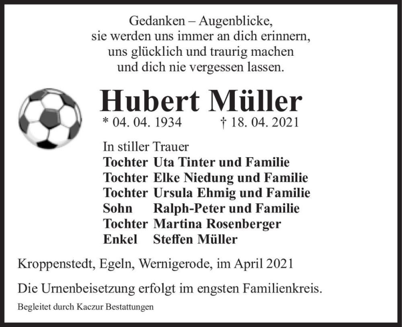  Traueranzeige für Hubert Müller  vom 23.04.2021 aus Magdeburger Volksstimme