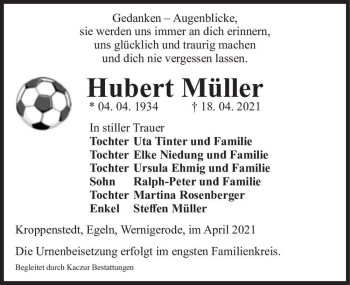 Traueranzeige von Hubert Müller  von Magdeburger Volksstimme