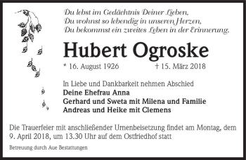 Traueranzeige von Hubert Ogroske  von Magdeburger Volksstimme