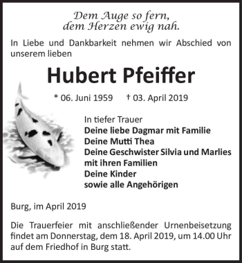 Traueranzeige von Hubert Pfeiffer  von Magdeburger Volksstimme