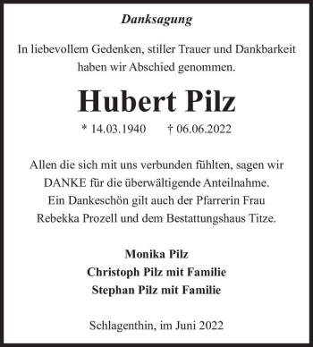 Traueranzeige von Hubert Pilz  von Magdeburger Volksstimme