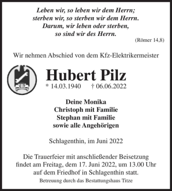Traueranzeige von Hubert Pilz  von Magdeburger Volksstimme