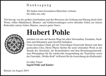 Traueranzeige von Hubert Pohle  von Magdeburger Volksstimme