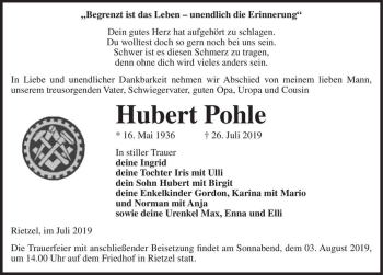 Traueranzeige von Hubert Pohle  von Magdeburger Volksstimme
