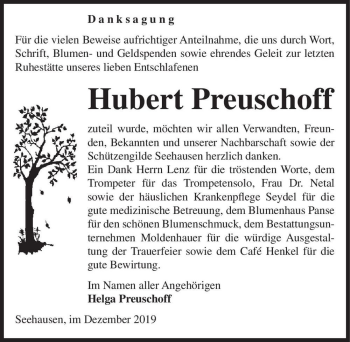 Traueranzeige von Hubert Preuschoff  von Magdeburger Volksstimme