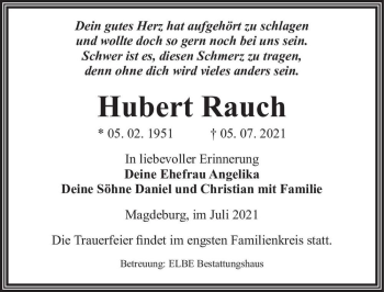 Traueranzeige von Hubert Rauch  von Magdeburger Volksstimme