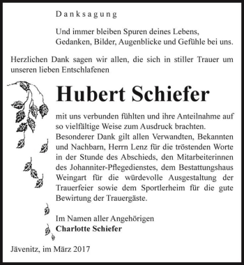 Traueranzeige von Hubert Schiefer  von Magdeburger Volksstimme