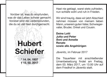 Traueranzeige von Hubert Schiefer  von Magdeburger Volksstimme