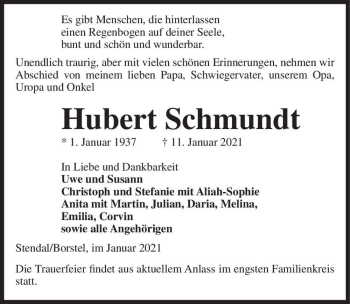 Traueranzeige von Hubert Schmundt  von Magdeburger Volksstimme