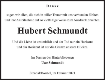 Traueranzeige von Hubert Schmundt  von Magdeburger Volksstimme