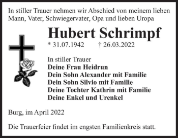 Traueranzeige von Hubert Schrimpf  von Magdeburger Volksstimme