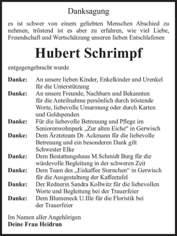 Traueranzeige von Hubert Schrimpf  von Magdeburger Volksstimme