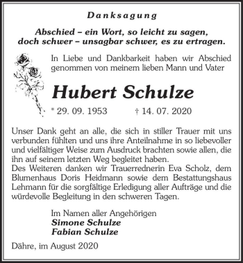 Traueranzeige von Hubert Schulze  von Magdeburger Volksstimme