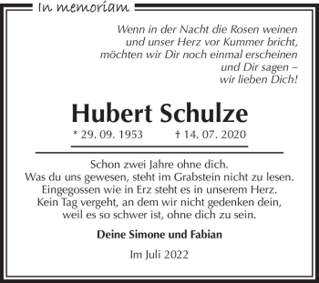 Traueranzeige von Hubert Schulze  von Magdeburger Volksstimme