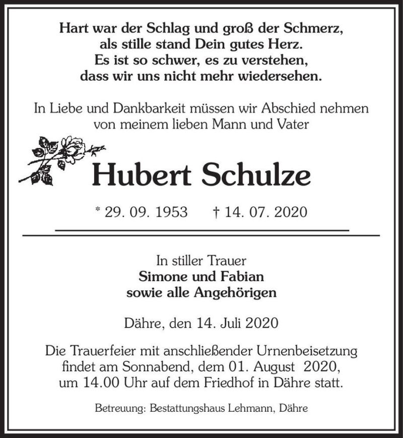  Traueranzeige für Hubert Schulze  vom 16.07.2020 aus Magdeburger Volksstimme