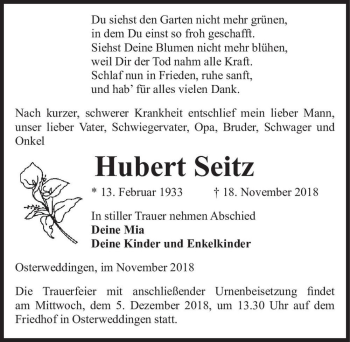 Traueranzeige von Hubert Seitz  von Magdeburger Volksstimme
