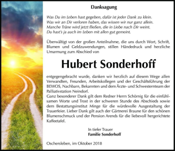 Traueranzeige von Hubert Sonderhoff  von Magdeburger Volksstimme