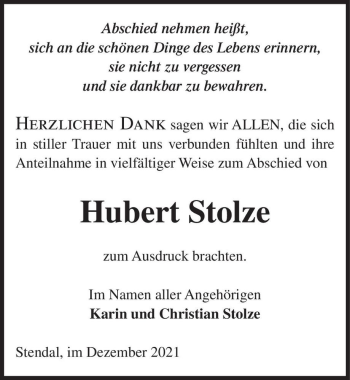 Traueranzeige von Hubert Stolze  von Magdeburger Volksstimme
