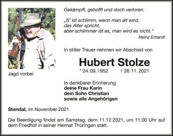 Traueranzeige von Hubert Stolze  von Magdeburger Volksstimme