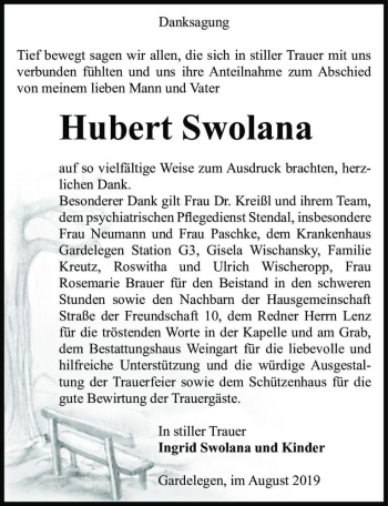 Traueranzeige von Hubert Swolana  von Magdeburger Volksstimme