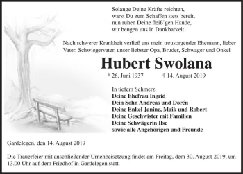 Traueranzeige von Hubert Swolana  von Magdeburger Volksstimme