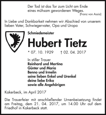Traueranzeige von Hubert Tietz  von Magdeburger Volksstimme