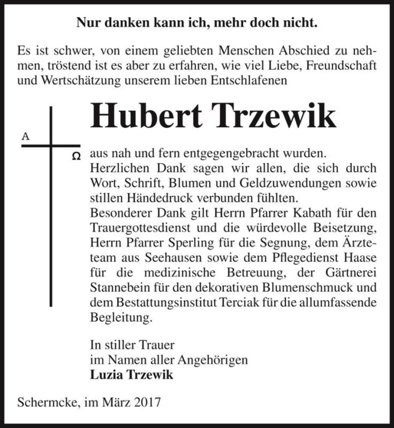  Traueranzeige für Hubert Trzewik  vom 11.03.2017 aus Magdeburger Volksstimme